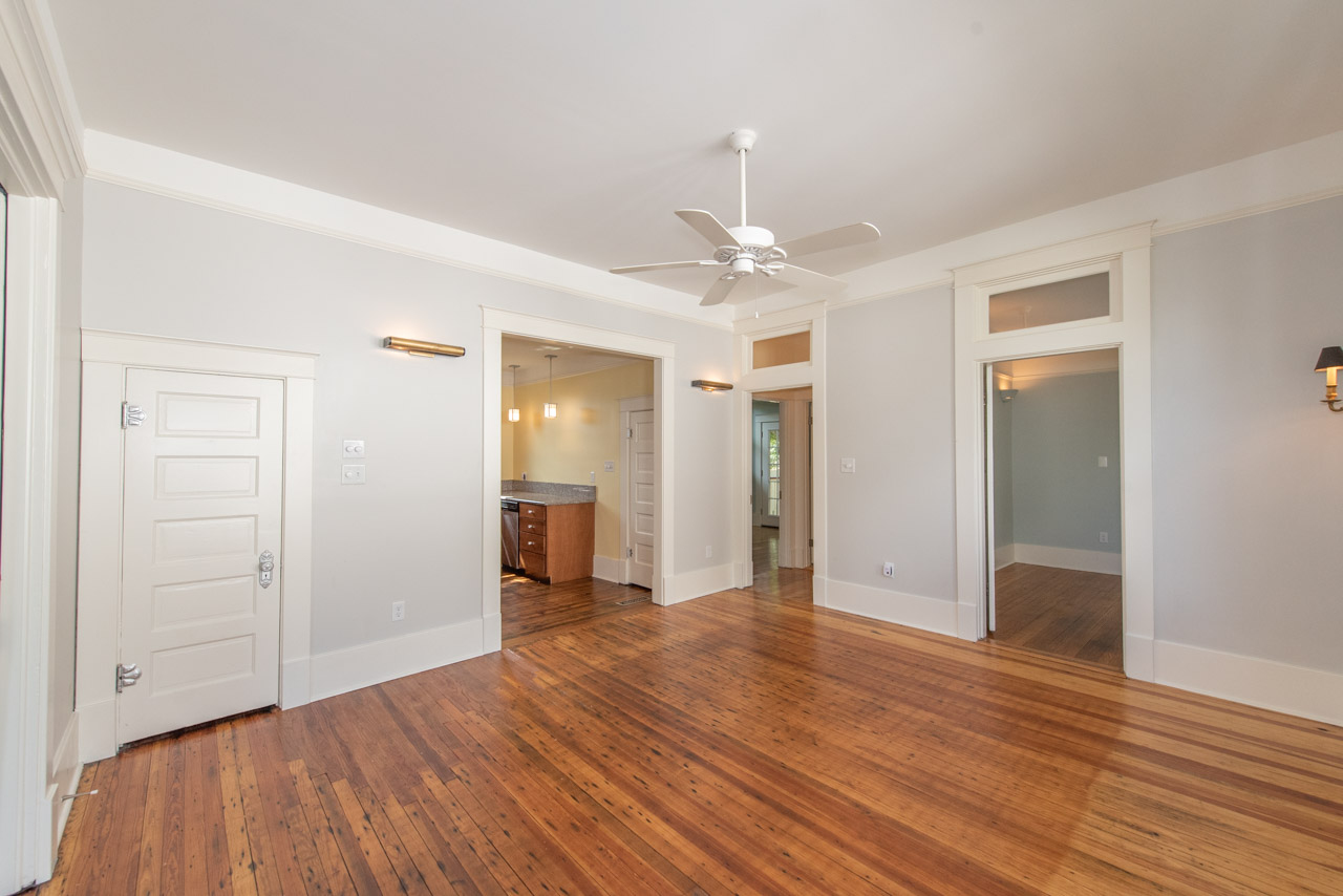 View from dining into kitchen and bedroom area